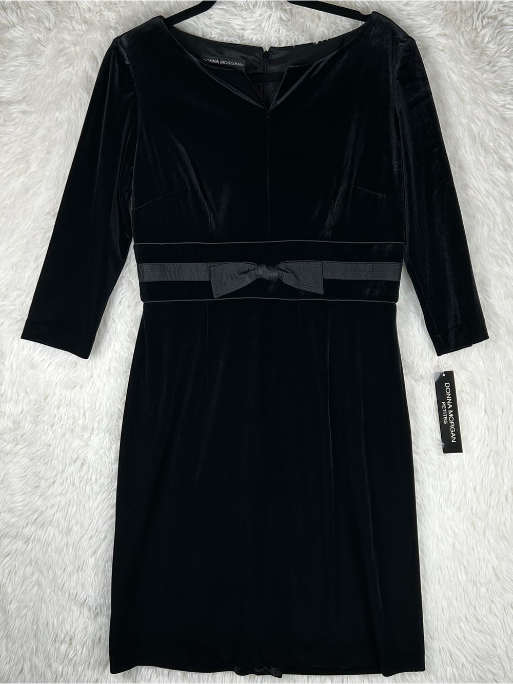 Donna Morgan Black Velvet Midi Dress with Bow Waist Trim